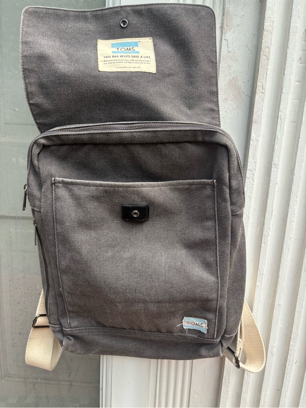 TOMS Canvas Backpack Gray Laptop Travel Casual Flap Snap Closure Unisex - Picture 11 of 11